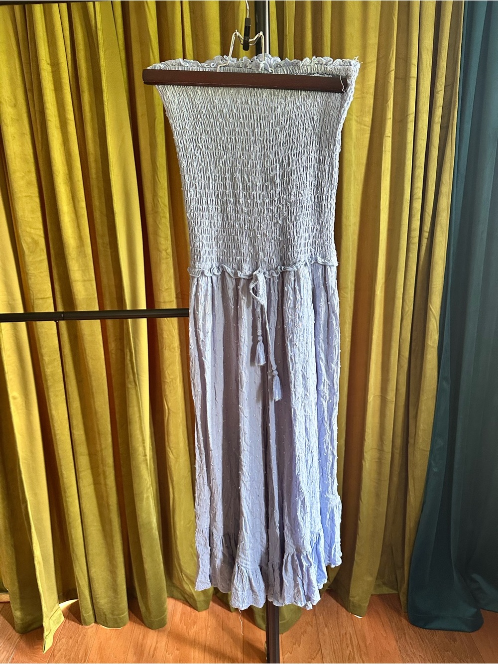 Spiaaggia Dolce Blue Strapless Romper Medium Swiss Dot Tassel Boho Vacation